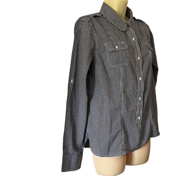 Navy Blue & White Gingham Check Blouse Woman Size Medium Preppy Button Up - Picture 2 of 8